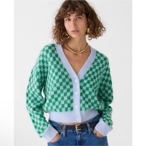 J.Crew Green and Blue Checker Knit V-Neck Cardigan Sweater
